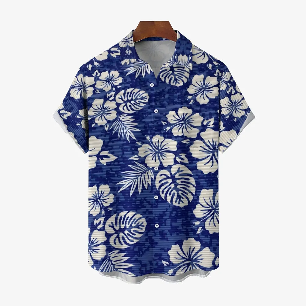 Hawaiian Flower Texture Print Casual Large Size Short Sleeve Shirt 2407001290