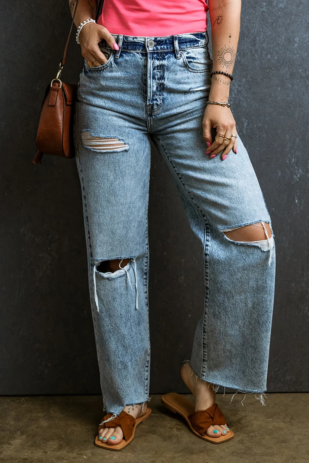 Hazel Blues® |  Distressed Raw Hem Straight Jeans