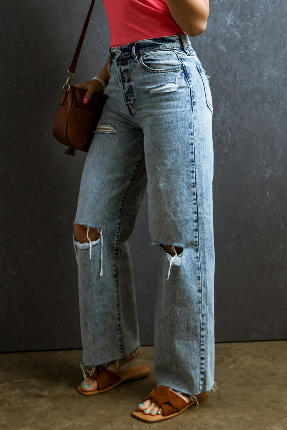 Hazel Blues® |  Distressed Raw Hem Straight Jeans