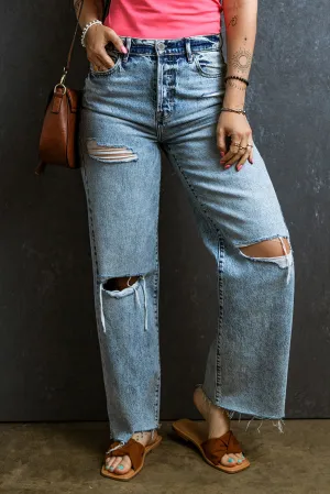 Hazel Blues® |  Distressed Raw Hem Straight Jeans