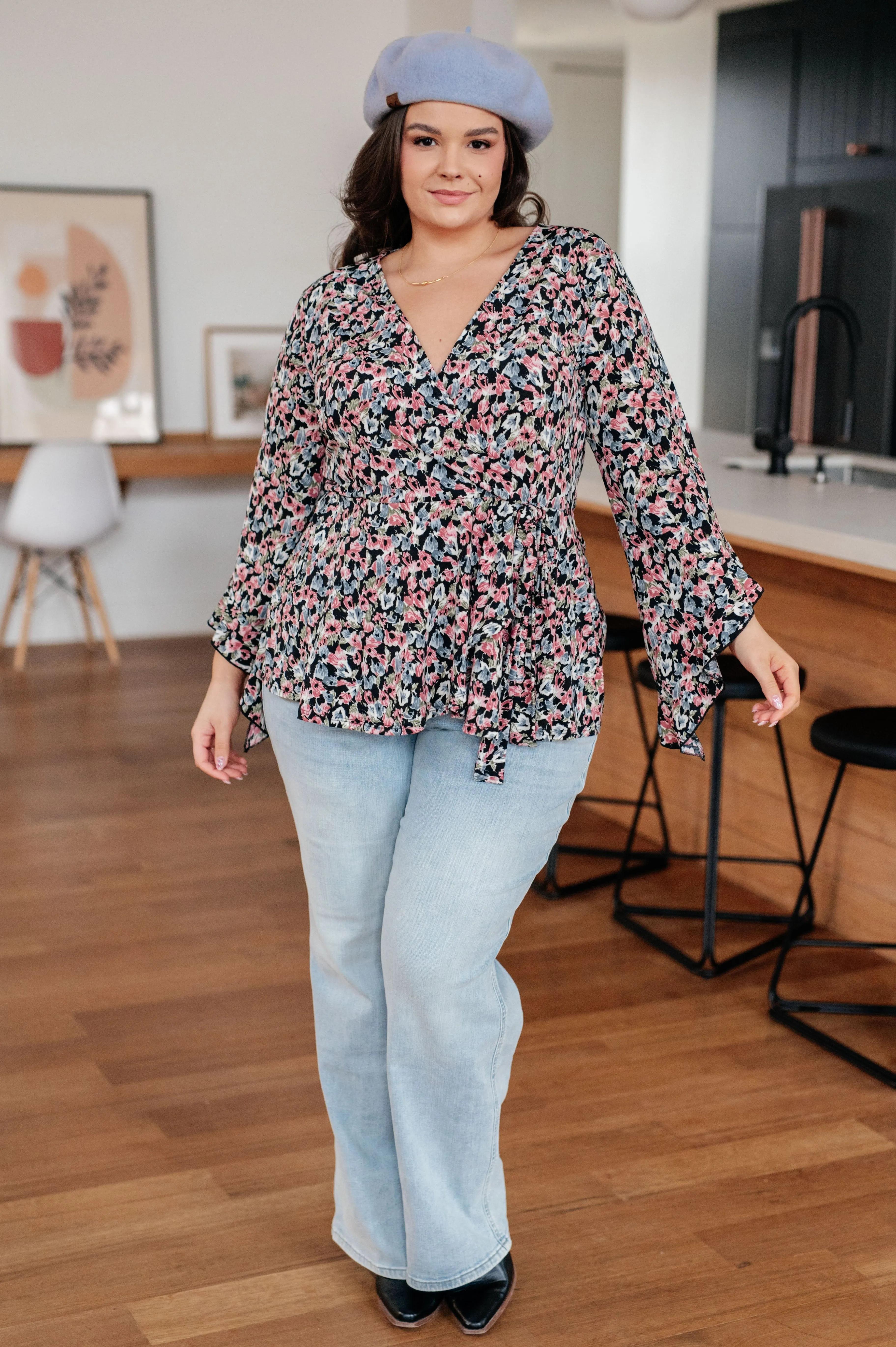 Hazel Blues® |  Have It All Angel Sleeve Top in Black Floral