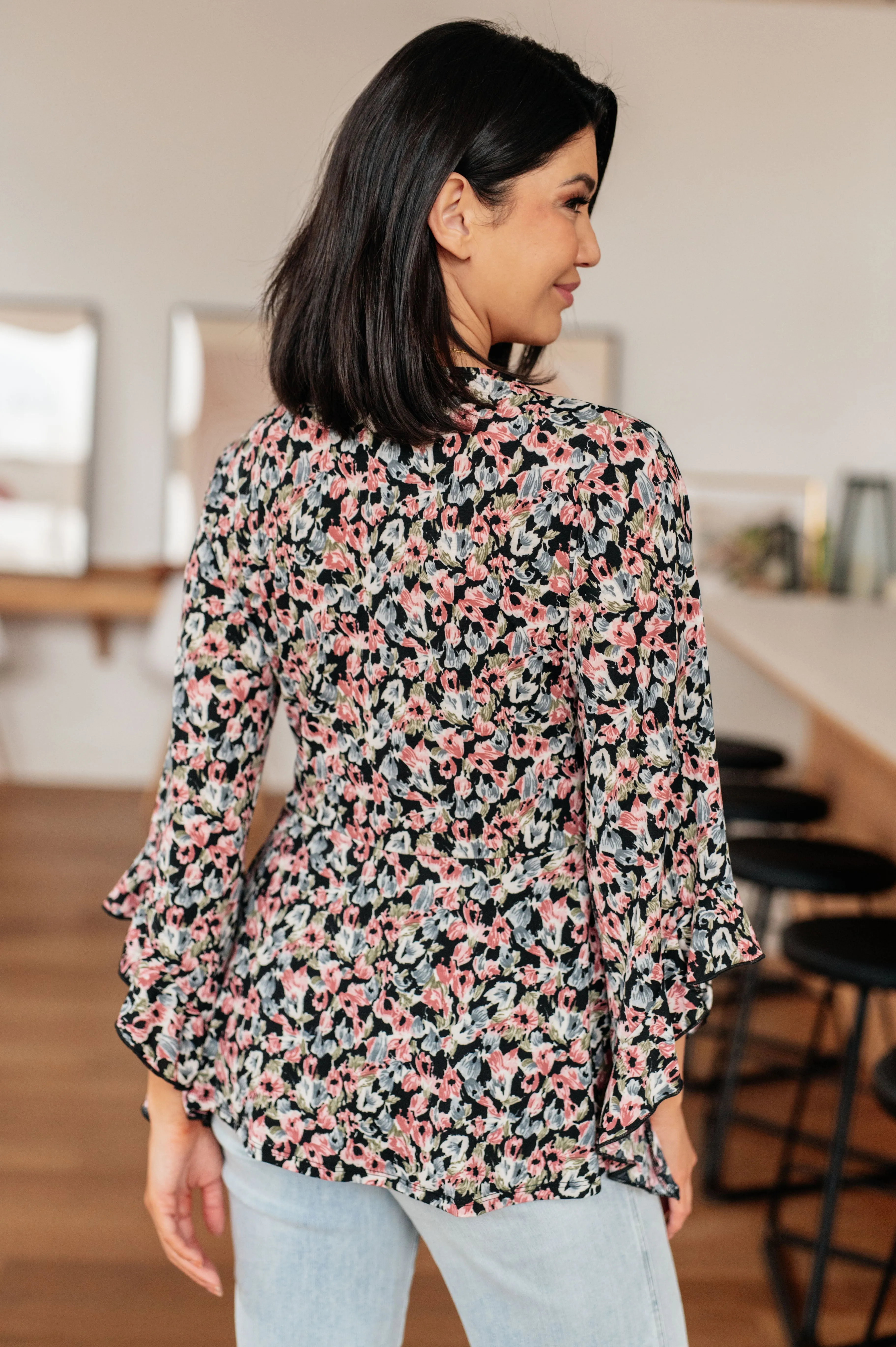 Hazel Blues® |  Have It All Angel Sleeve Top in Black Floral