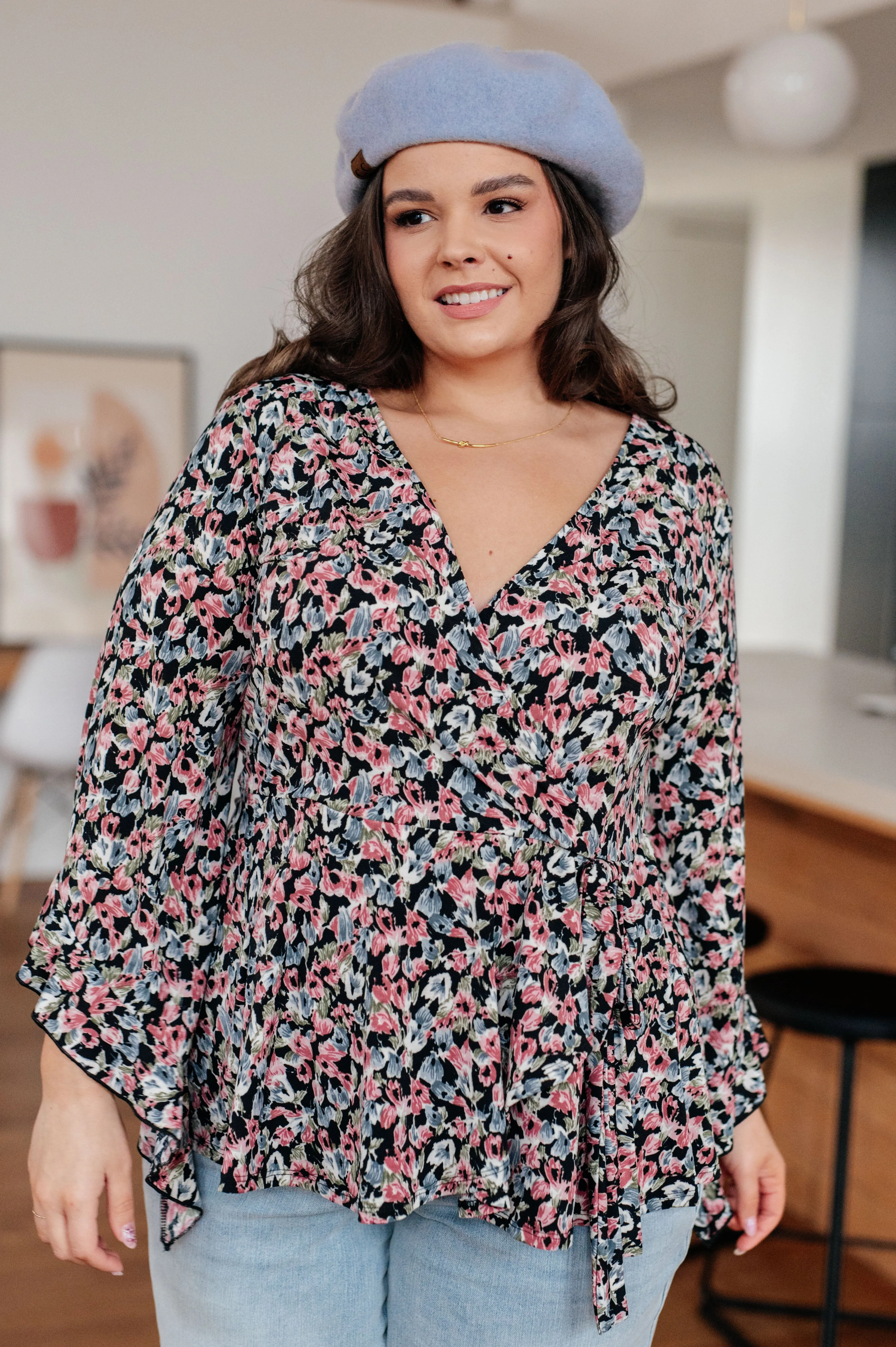 Hazel Blues® |  Have It All Angel Sleeve Top in Black Floral