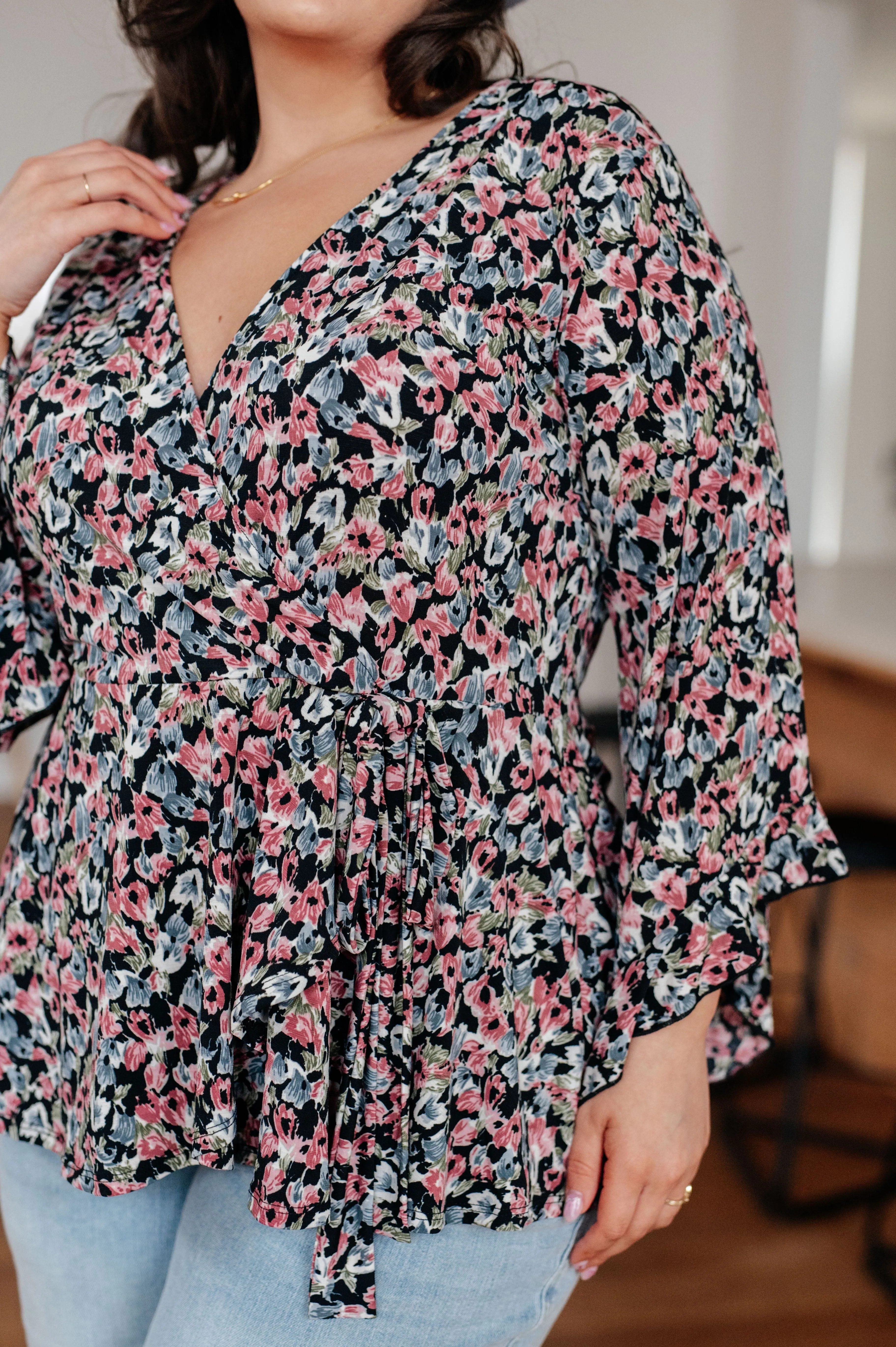 Hazel Blues® |  Have It All Angel Sleeve Top in Black Floral