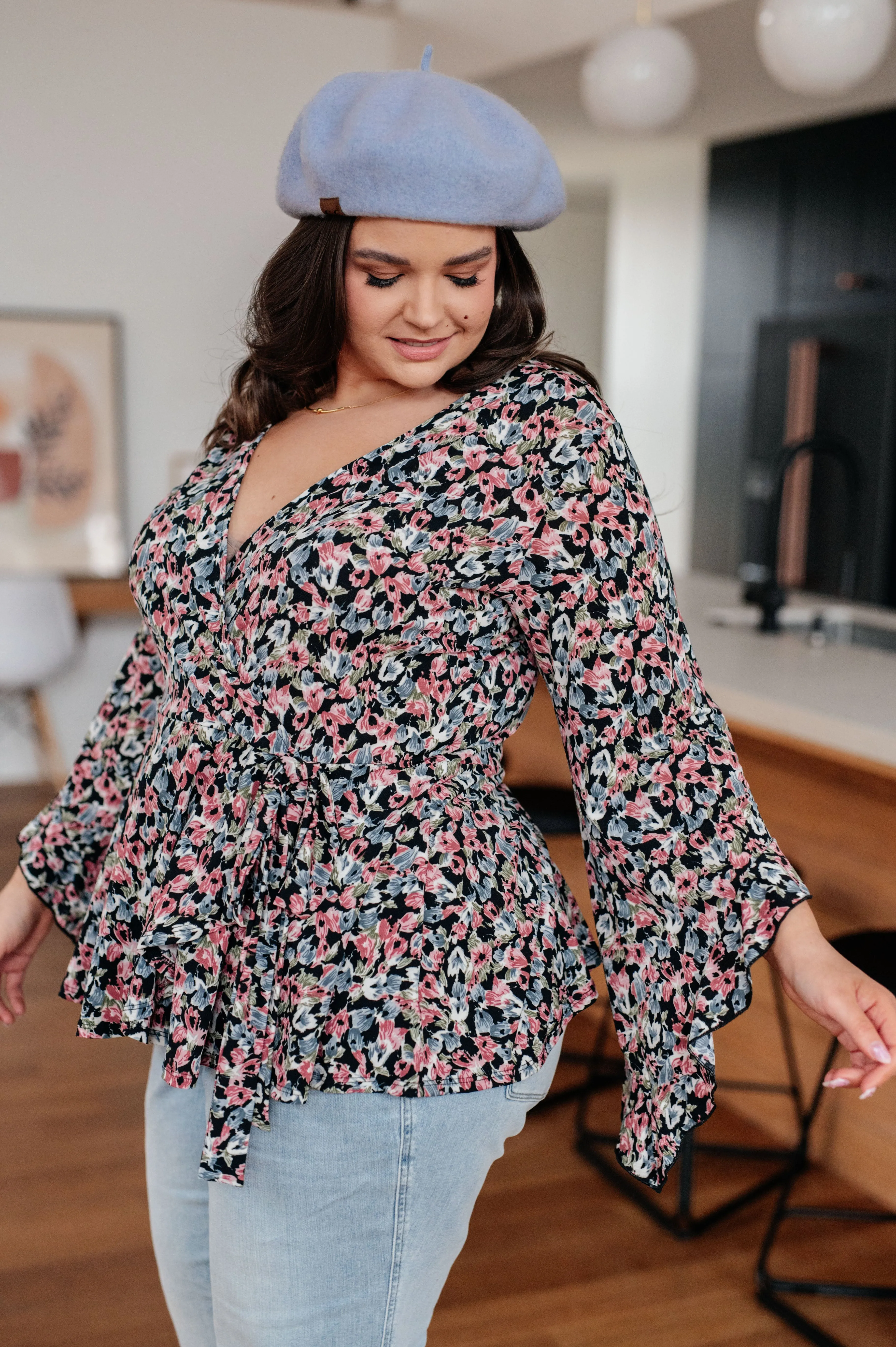 Hazel Blues® |  Have It All Angel Sleeve Top in Black Floral