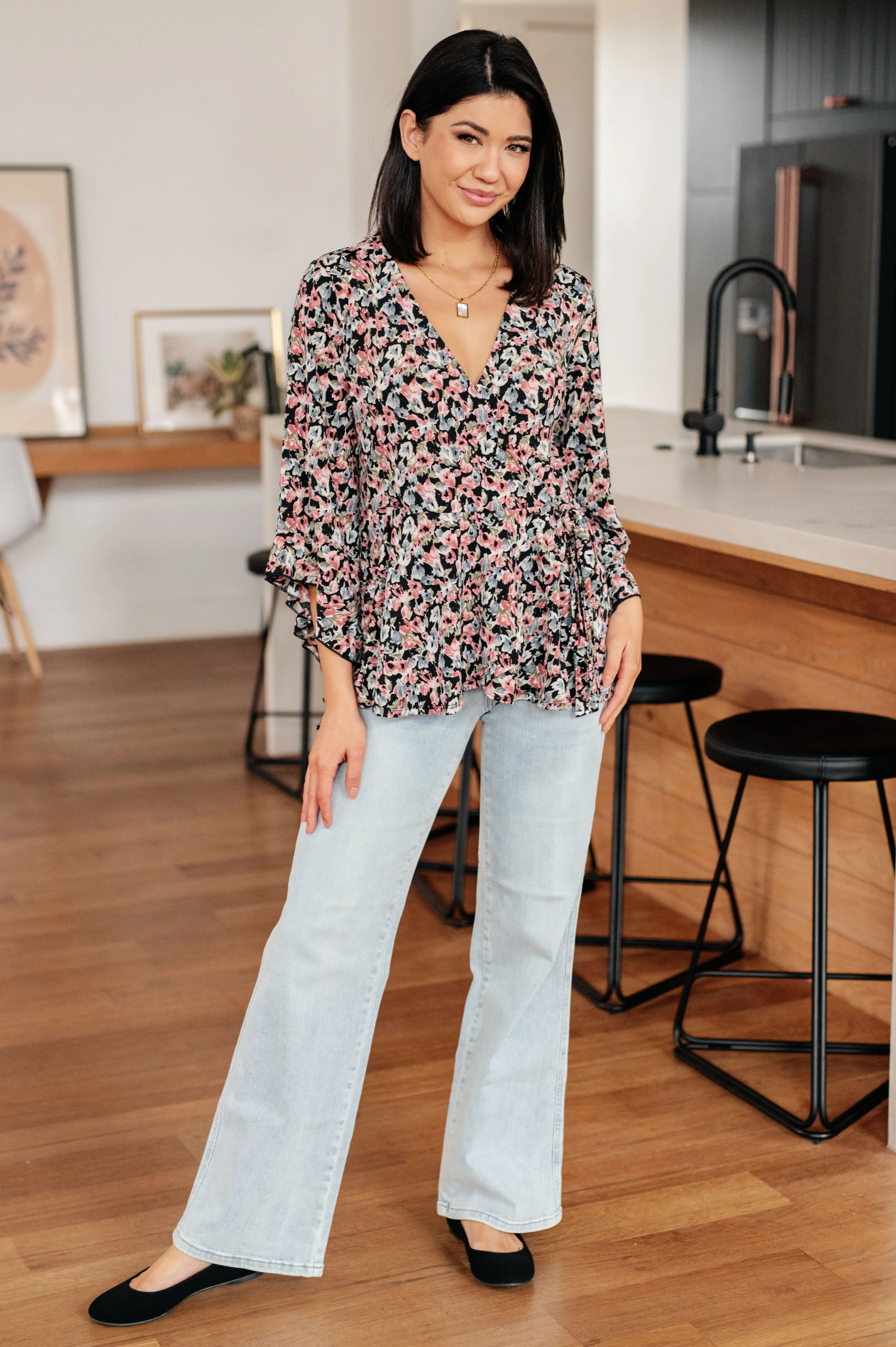 Hazel Blues® |  Have It All Angel Sleeve Top in Black Floral