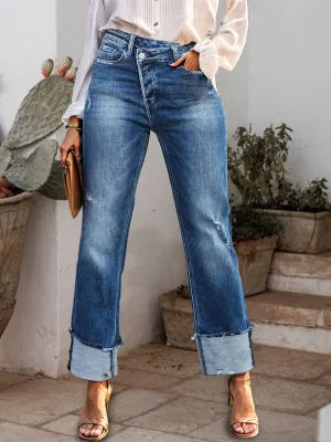 Hazel Blues® |  Stepped Waist Raw Hem Rolled Straight Jeans