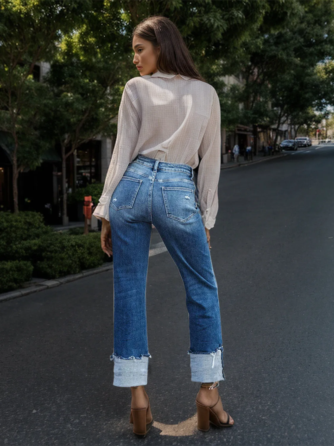 Hazel Blues® |  Stepped Waist Raw Hem Rolled Straight Jeans