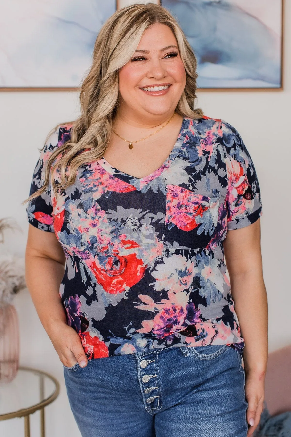 Here For Fun Floral Top- Navy & Pink