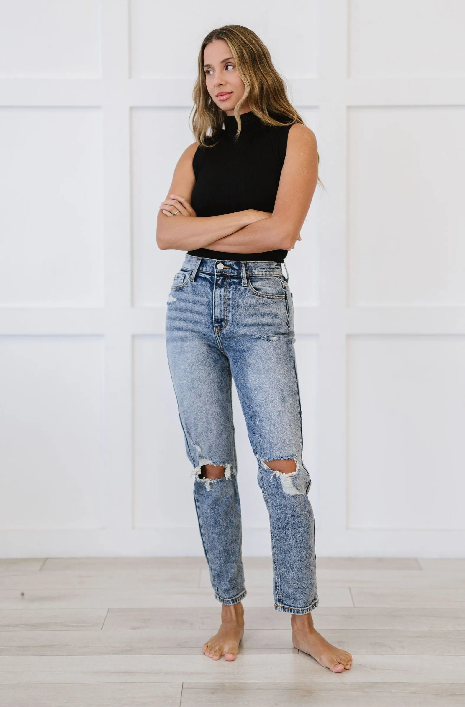 High Rise Distressed Mom Jean