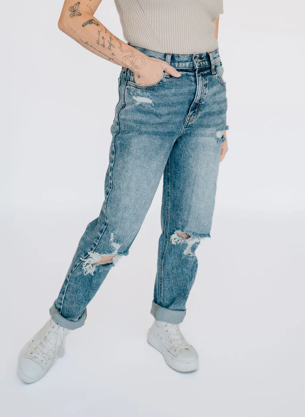 High Rise Distressed Mom Jean