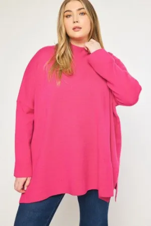 Hot Pink Mock Neck Dolman with Side Slits