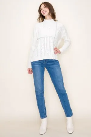 Ivory   Grey Patch Stitch Mock Neck Sweater
