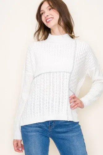 Ivory   Grey Patch Stitch Mock Neck Sweater