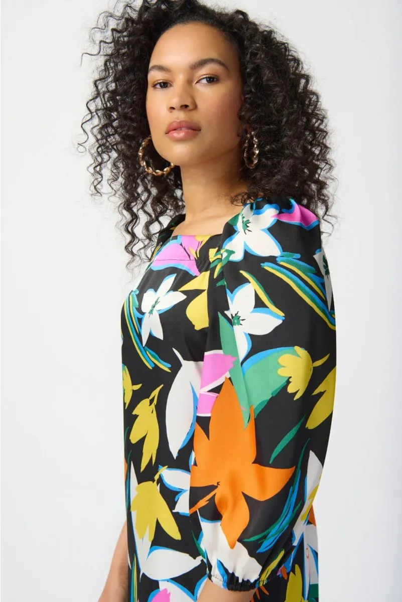 Joseph Ribkoff Black/Multi Floral Print Puff Sleeve Satin Shift Dress 241251