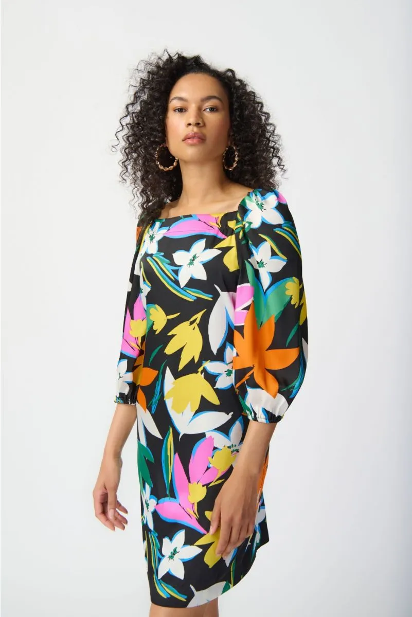 Joseph Ribkoff Black/Multi Floral Print Puff Sleeve Satin Shift Dress 241251