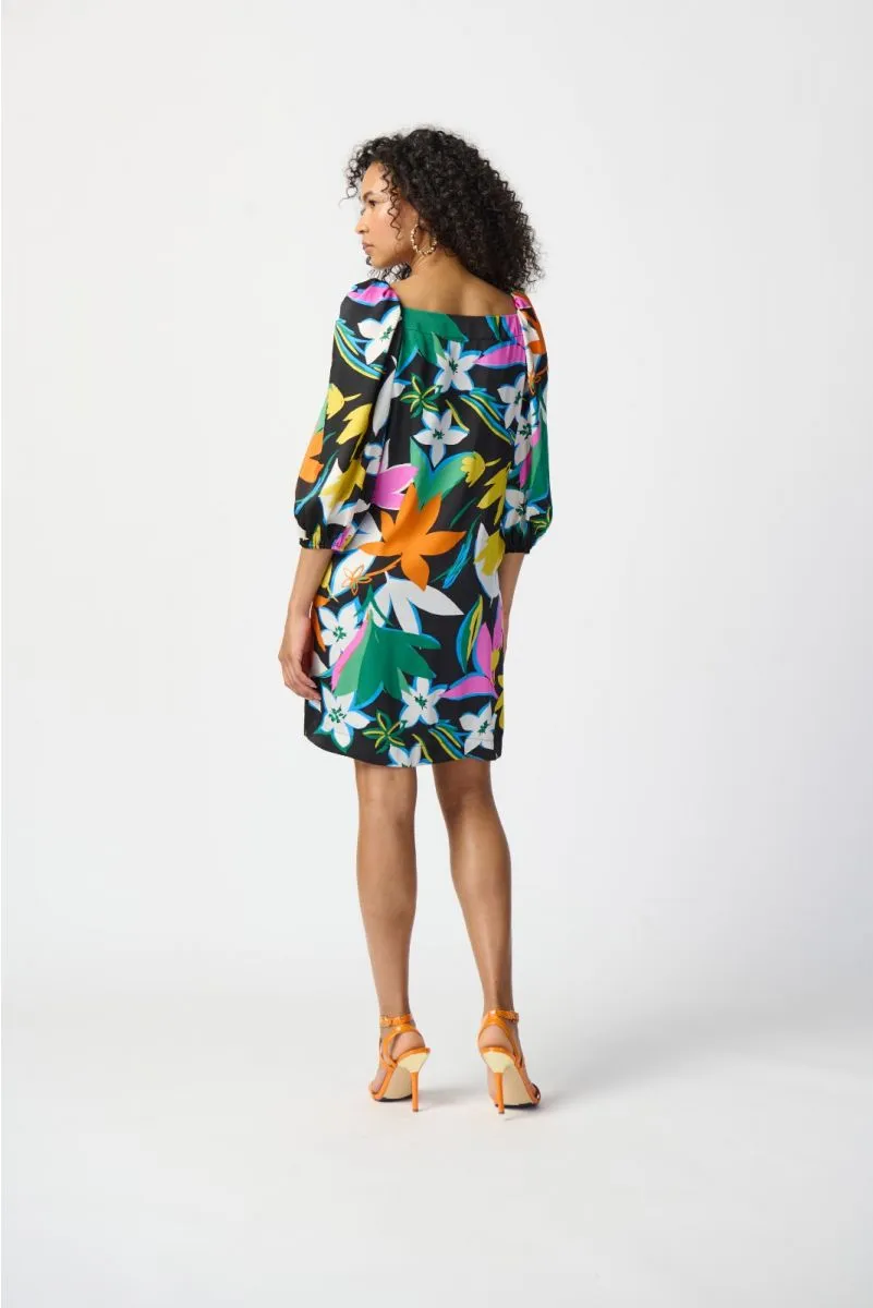 Joseph Ribkoff Black/Multi Floral Print Puff Sleeve Satin Shift Dress 241251