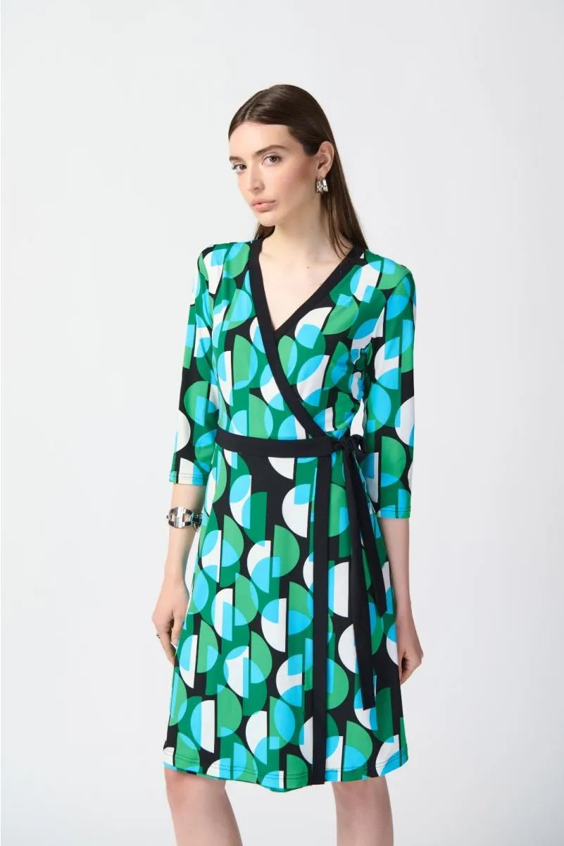 Joseph Ribkoff Black/Multi Retro Geometric Print Waist Tie Shift Dress 241211