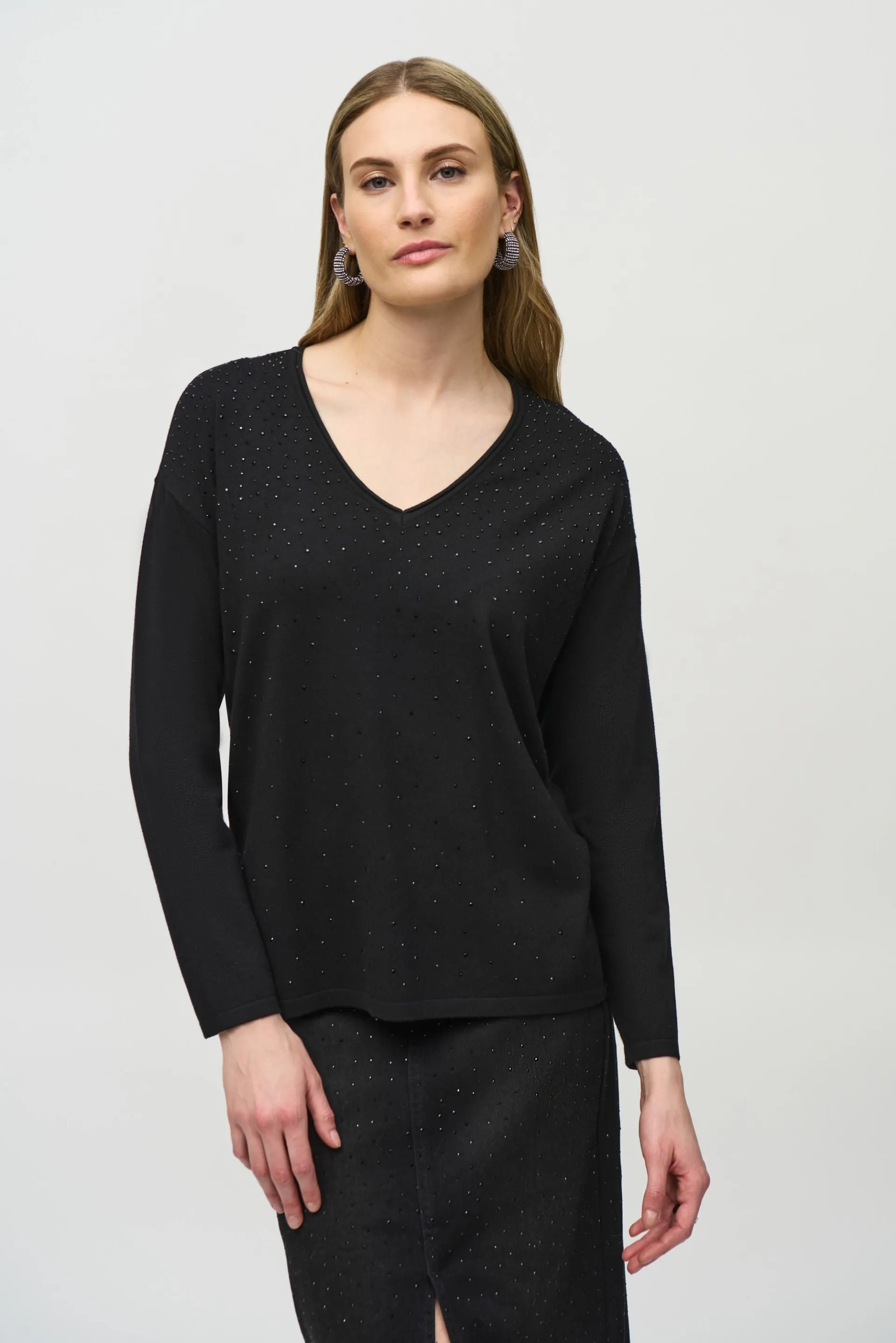 Joseph Ribkoff Embellished V-Neck Pullover Sweater Top 244923