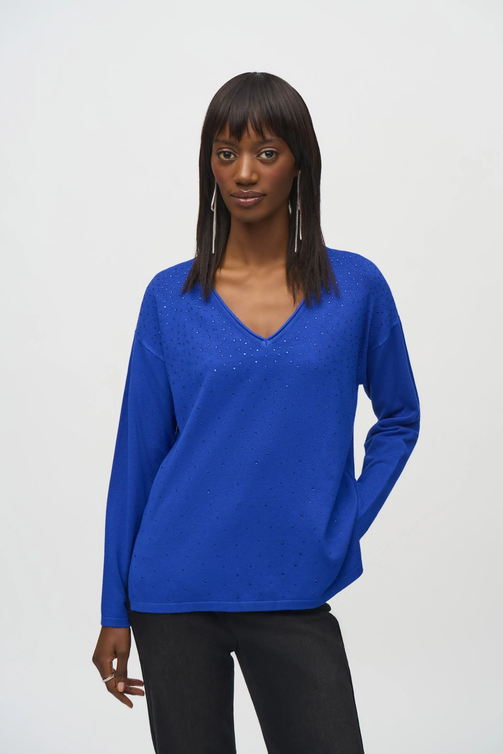Joseph Ribkoff Embellished V-Neck Pullover Sweater Top 244923