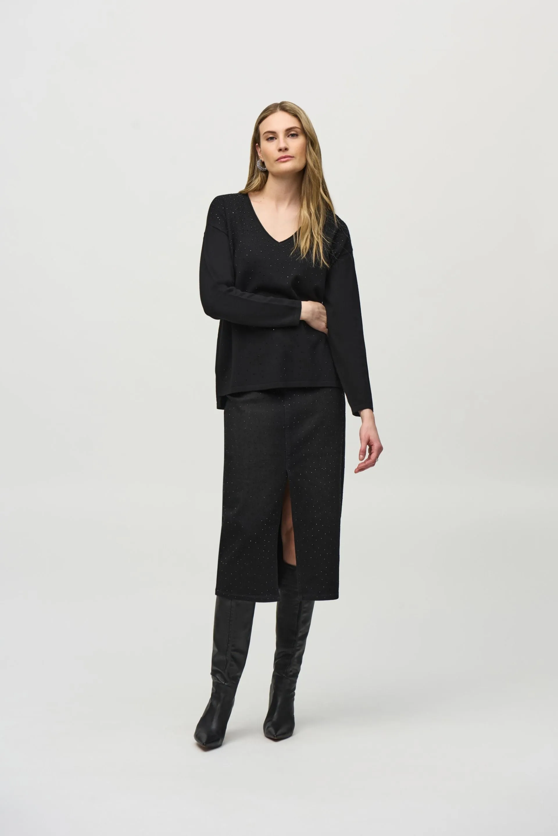 Joseph Ribkoff Embellished V-Neck Pullover Sweater Top 244923