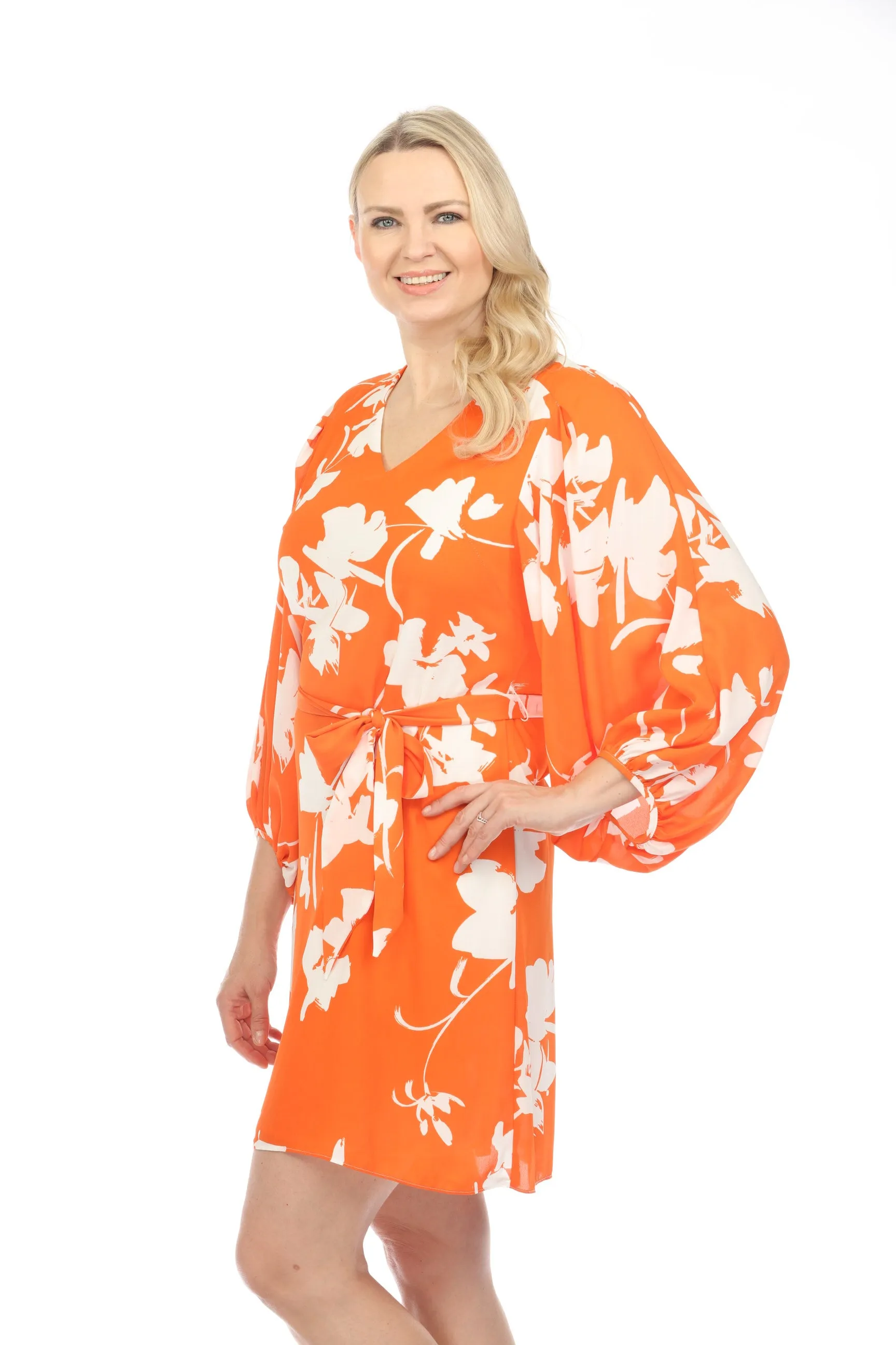 Joseph Ribkoff Mandarin/Vanilla Floral Print Belted Puff Sleeve Shift Dress 241207