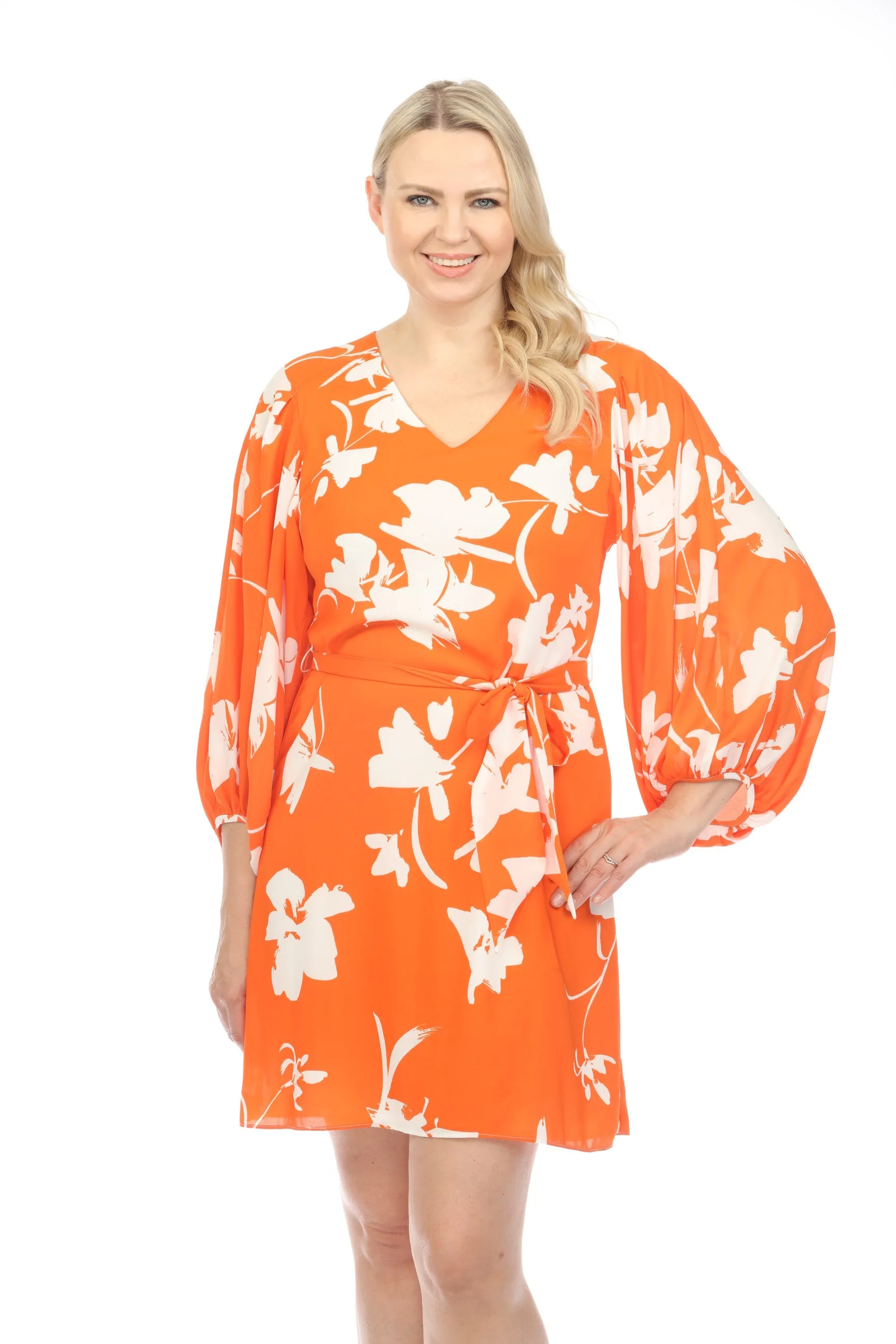 Joseph Ribkoff Mandarin/Vanilla Floral Print Belted Puff Sleeve Shift Dress 241207