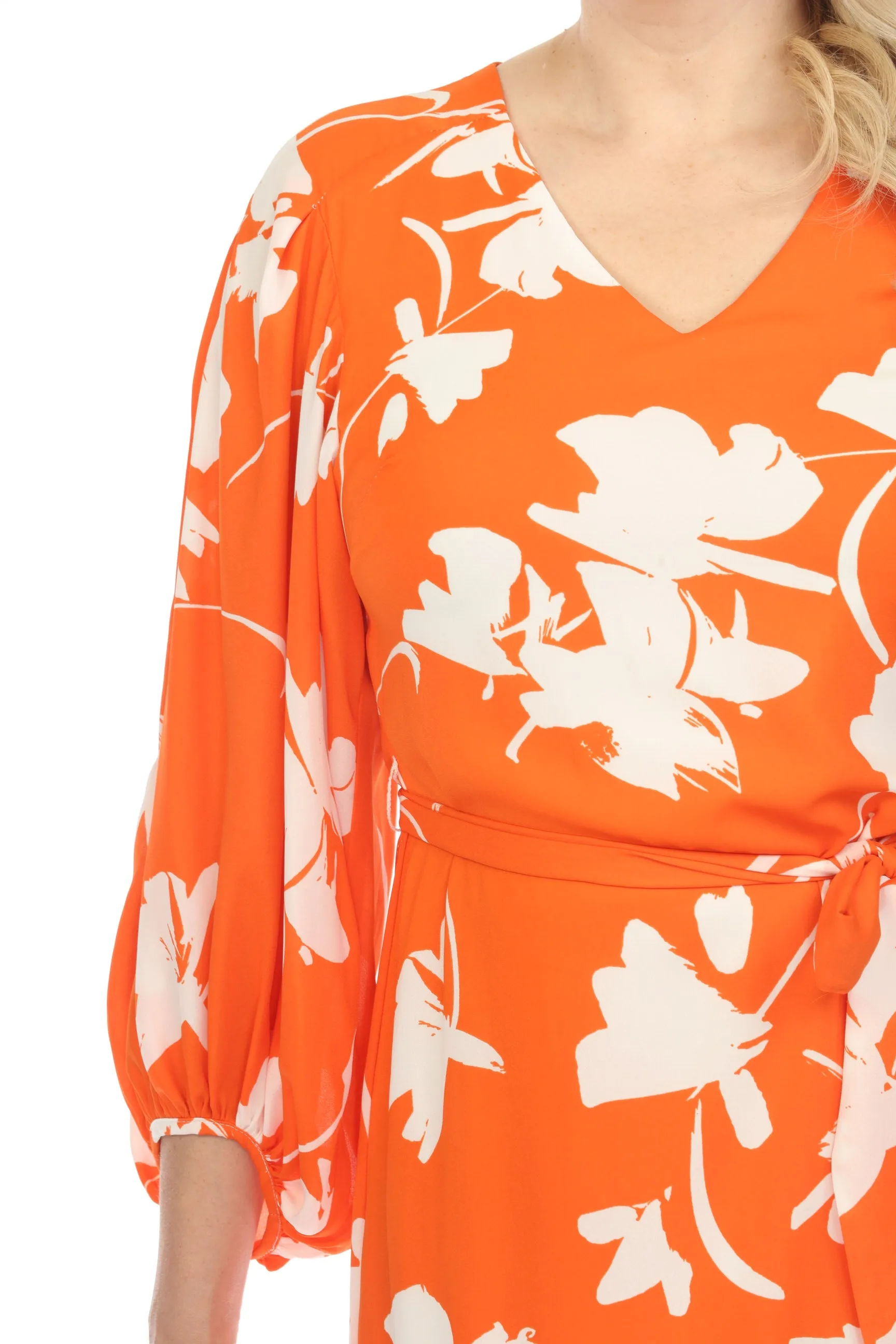 Joseph Ribkoff Mandarin/Vanilla Floral Print Belted Puff Sleeve Shift Dress 241207