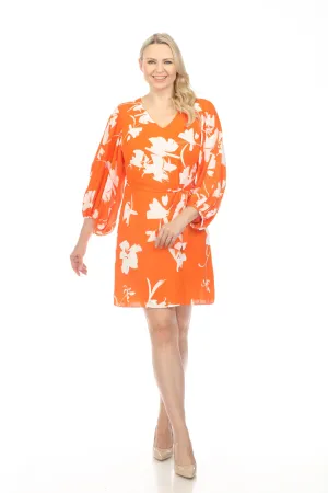 Joseph Ribkoff Mandarin/Vanilla Floral Print Belted Puff Sleeve Shift Dress 241207
