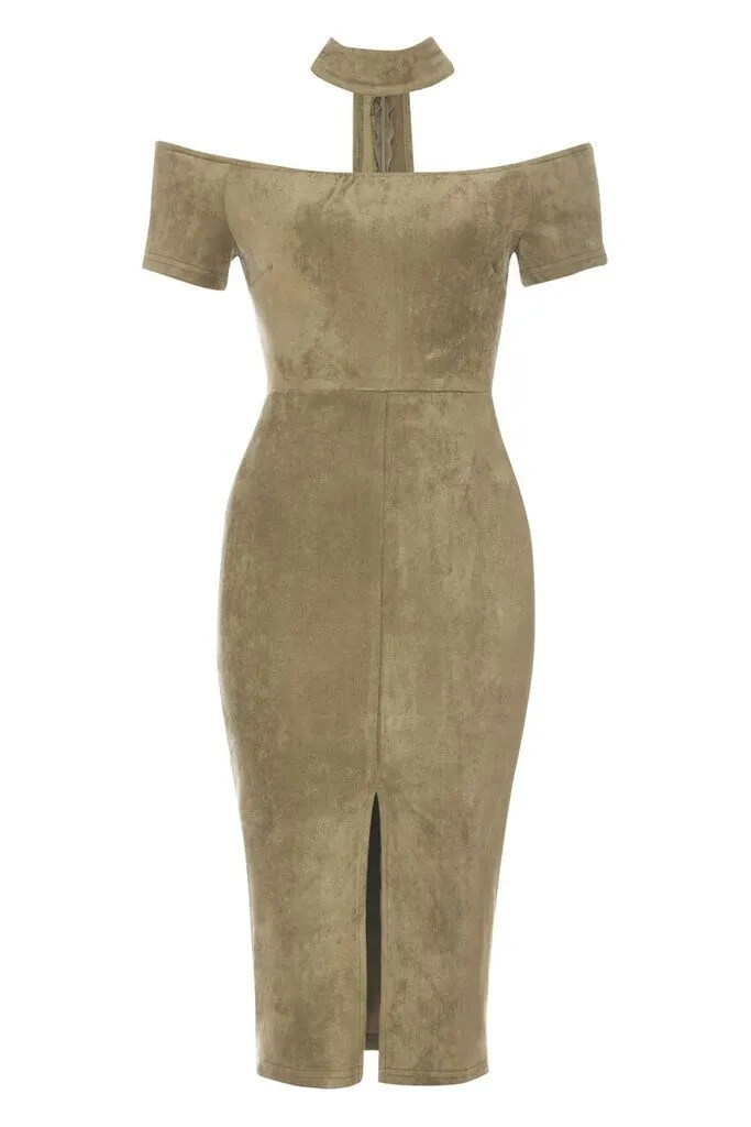 Khaki Off The Shoulder Choker Dress With Capped Sleeves