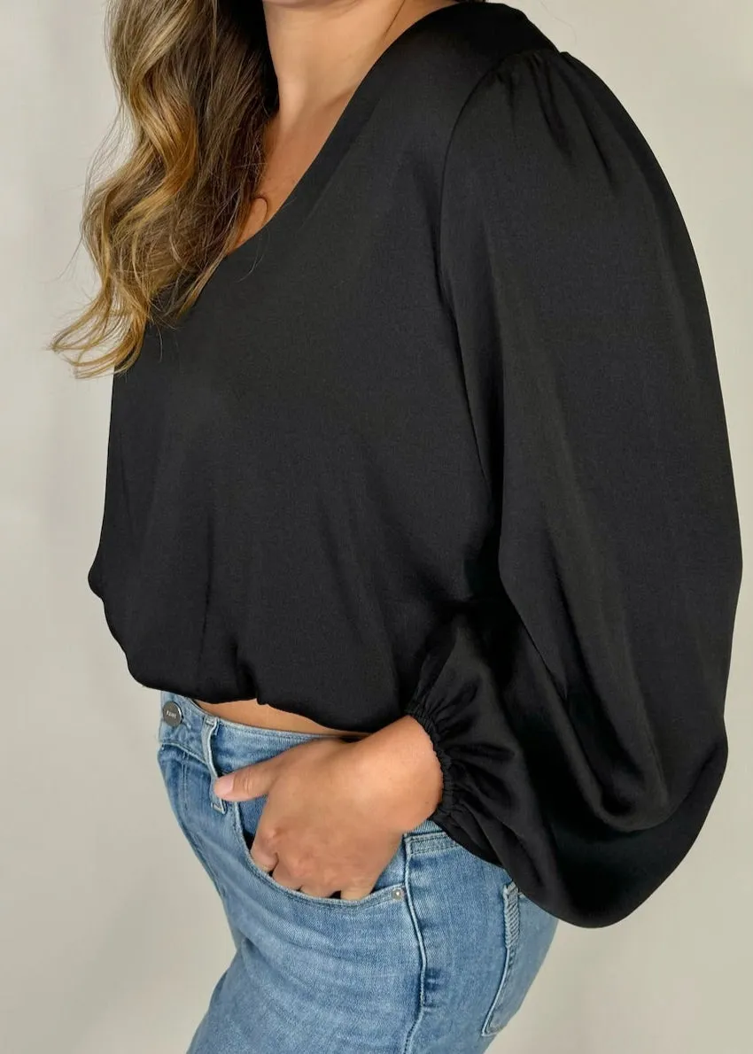 KLD L/S Washed Satin V-Neck Bubble Hem Blouse