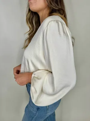 KLD L/S Washed Satin V-Neck Bubble Hem Blouse