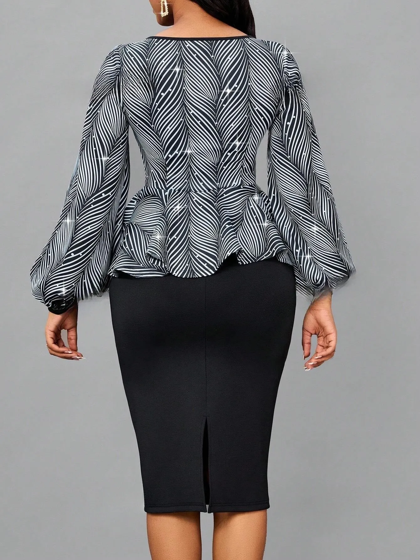 Lady Graphic Print Keyhole Neckline Lantern Sleeve Peplum Top & Pencil Skirt