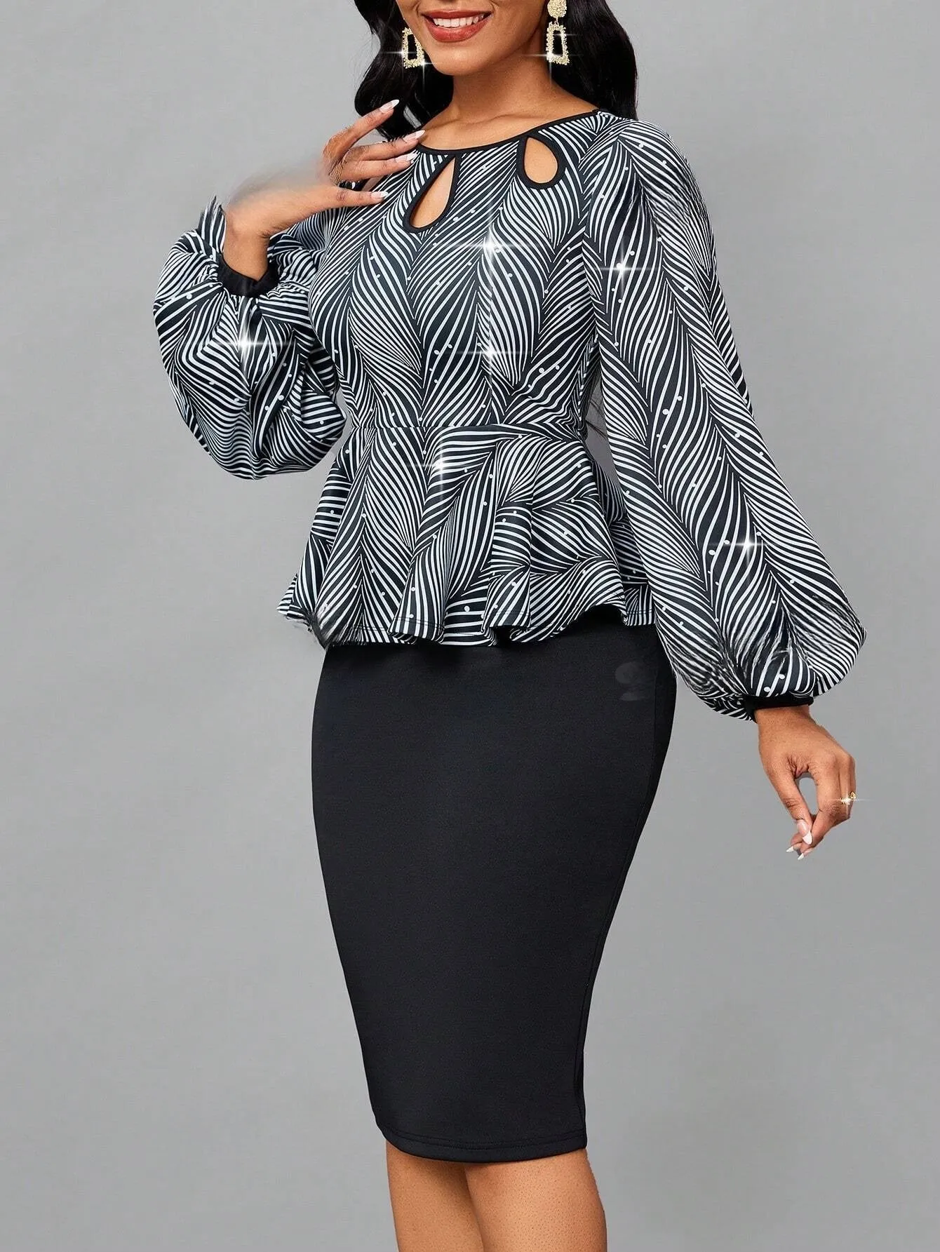 Lady Graphic Print Keyhole Neckline Lantern Sleeve Peplum Top & Pencil Skirt