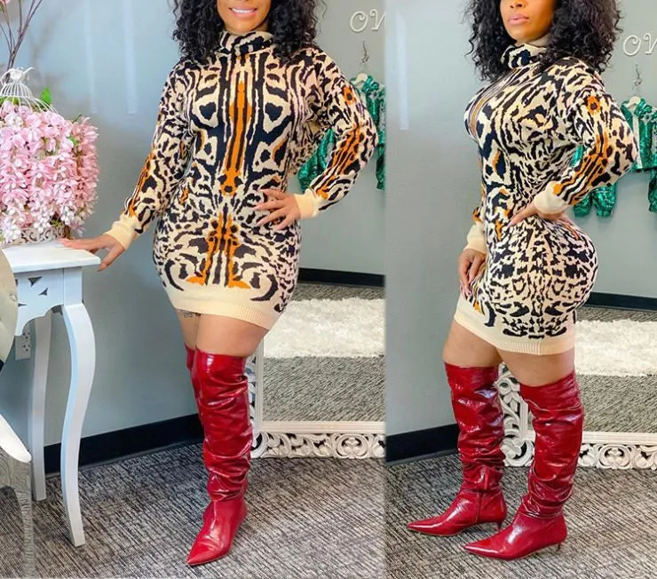 Lavish Leopard Print Turtleneck Dress