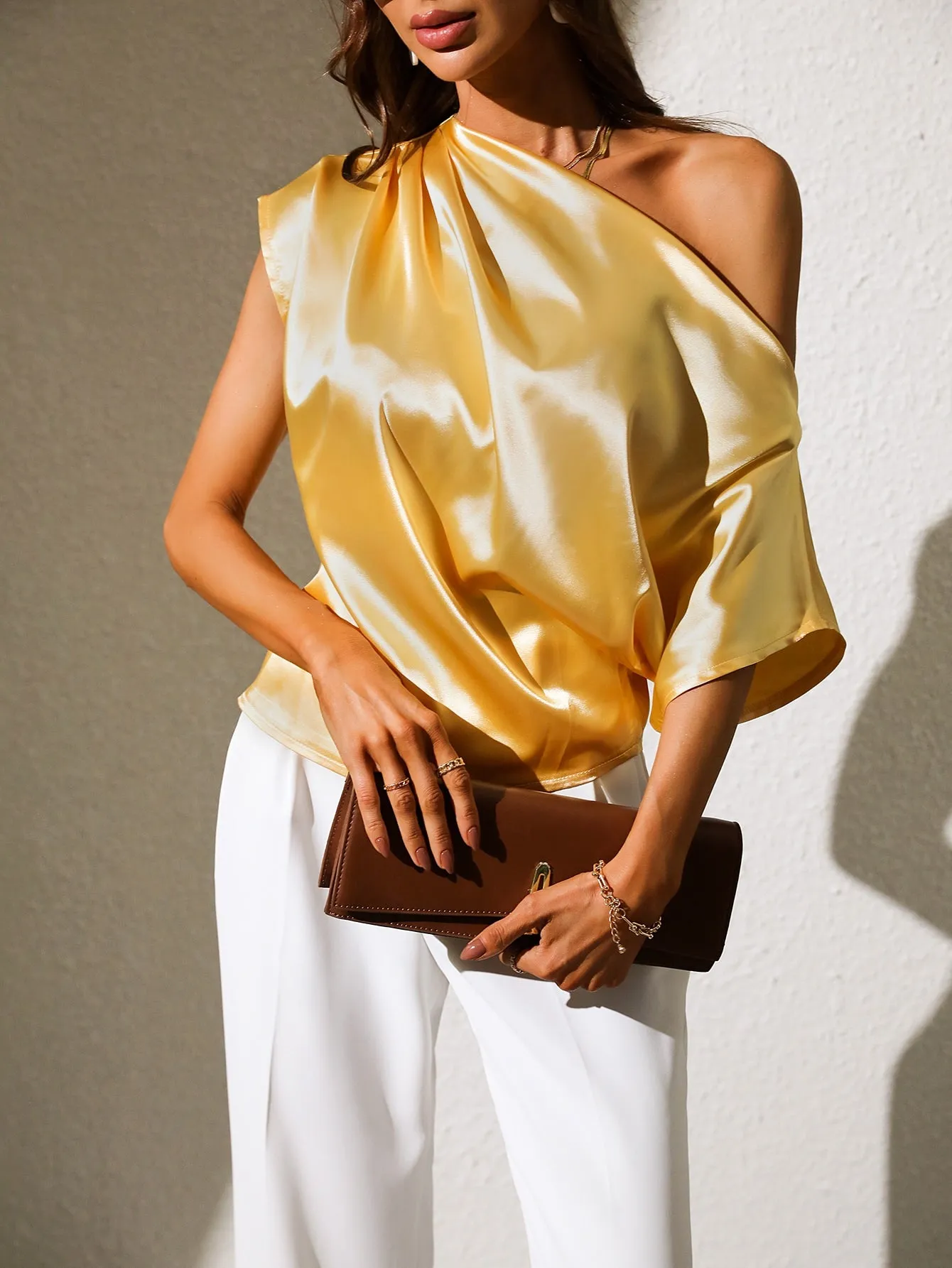Li Li Lemon Ruched Asymmetrical Neck Satin Blouse