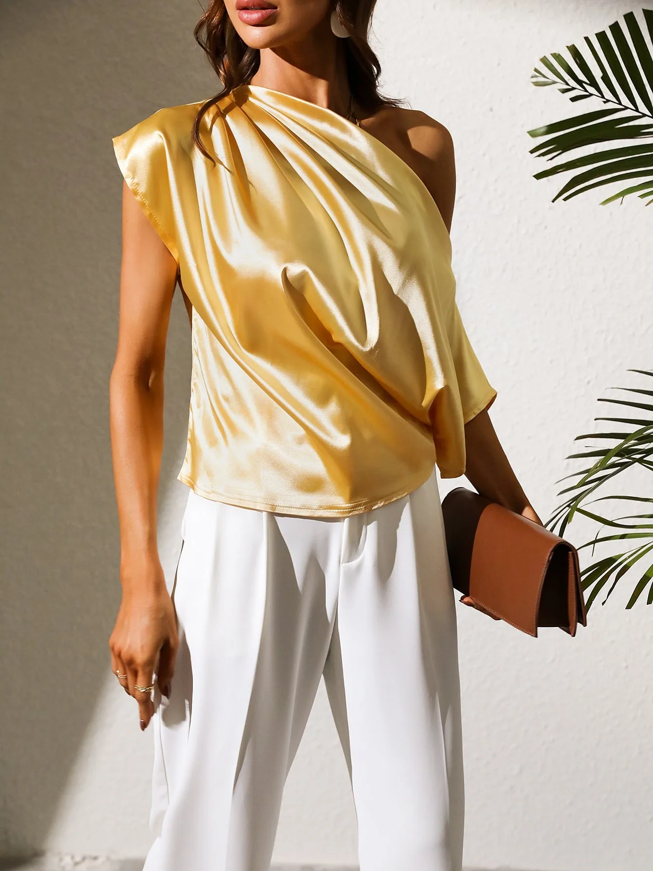 Li Li Lemon Ruched Asymmetrical Neck Satin Blouse