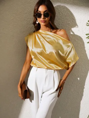 Li Li Lemon Ruched Asymmetrical Neck Satin Blouse