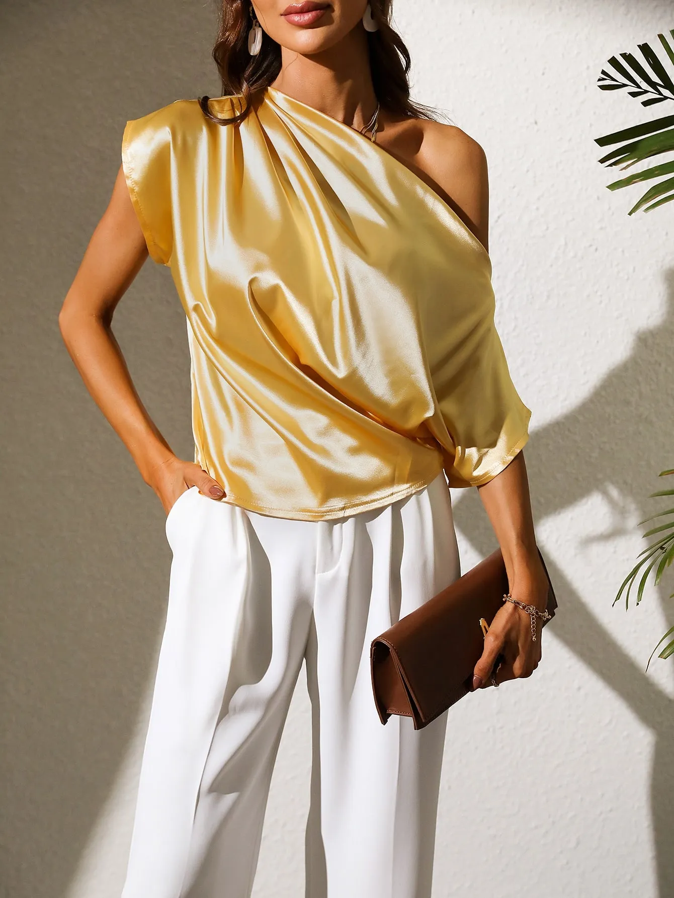 Li Li Lemon Ruched Asymmetrical Neck Satin Blouse