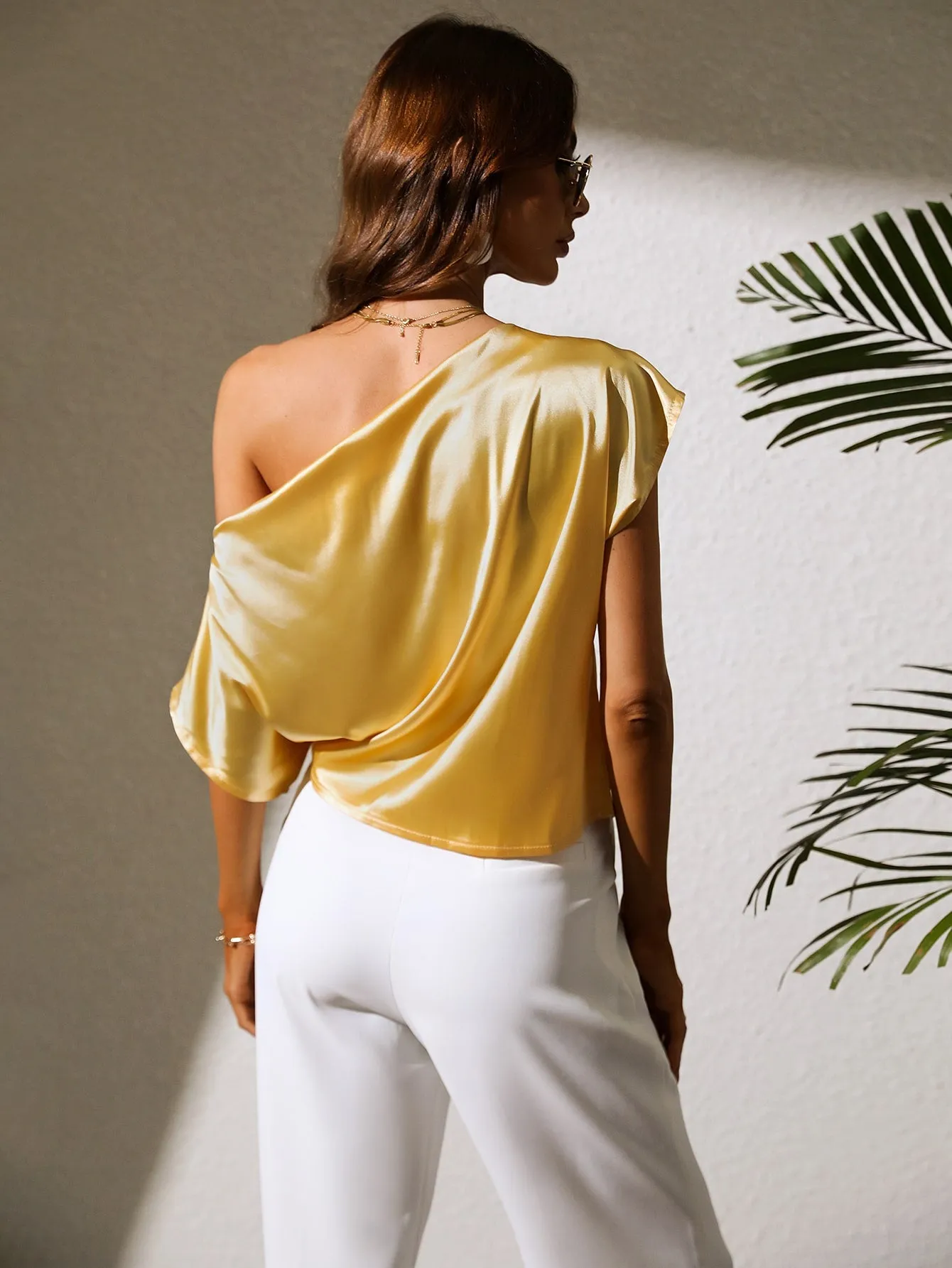 Li Li Lemon Ruched Asymmetrical Neck Satin Blouse