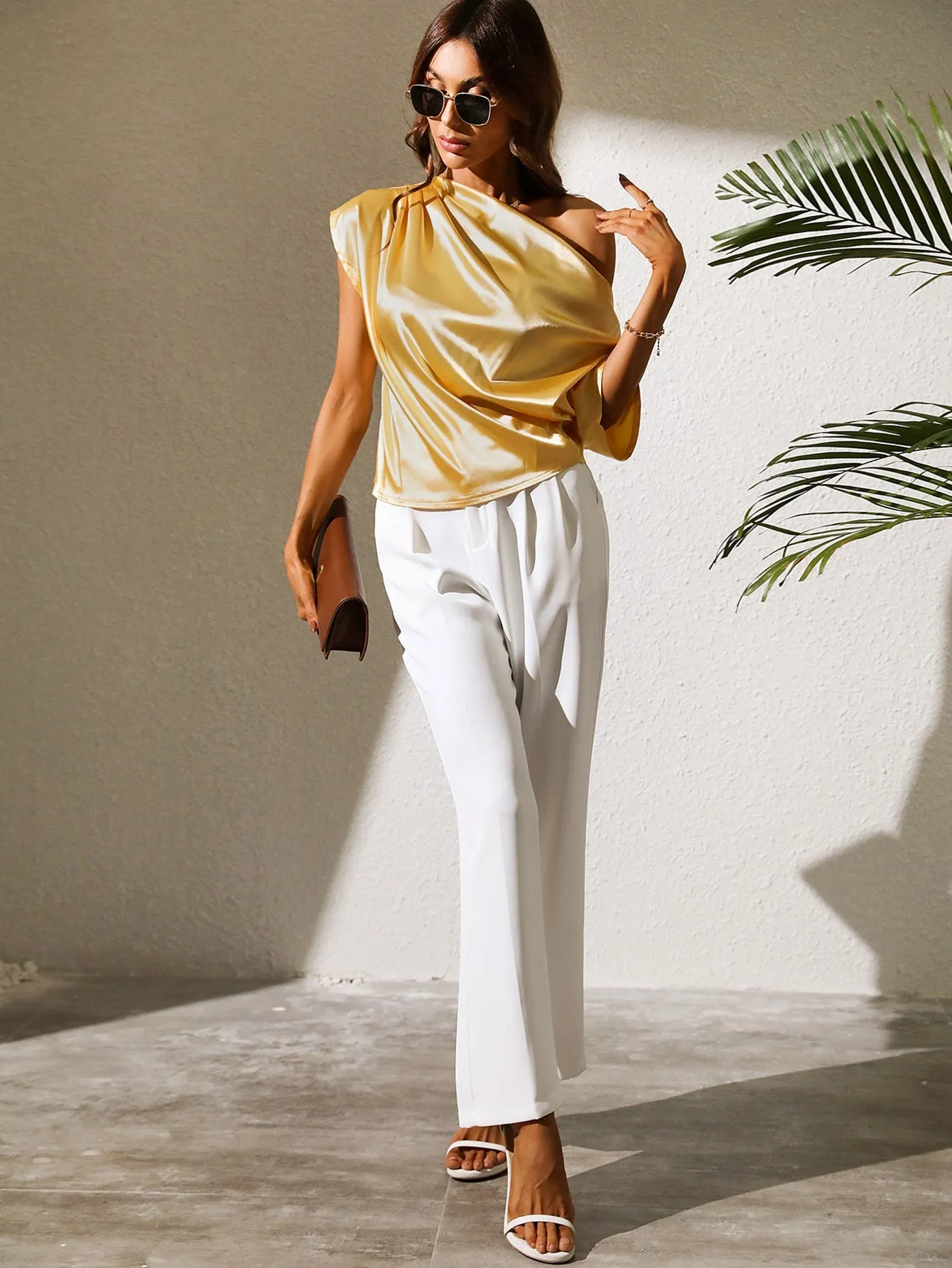 Li Li Lemon Ruched Asymmetrical Neck Satin Blouse