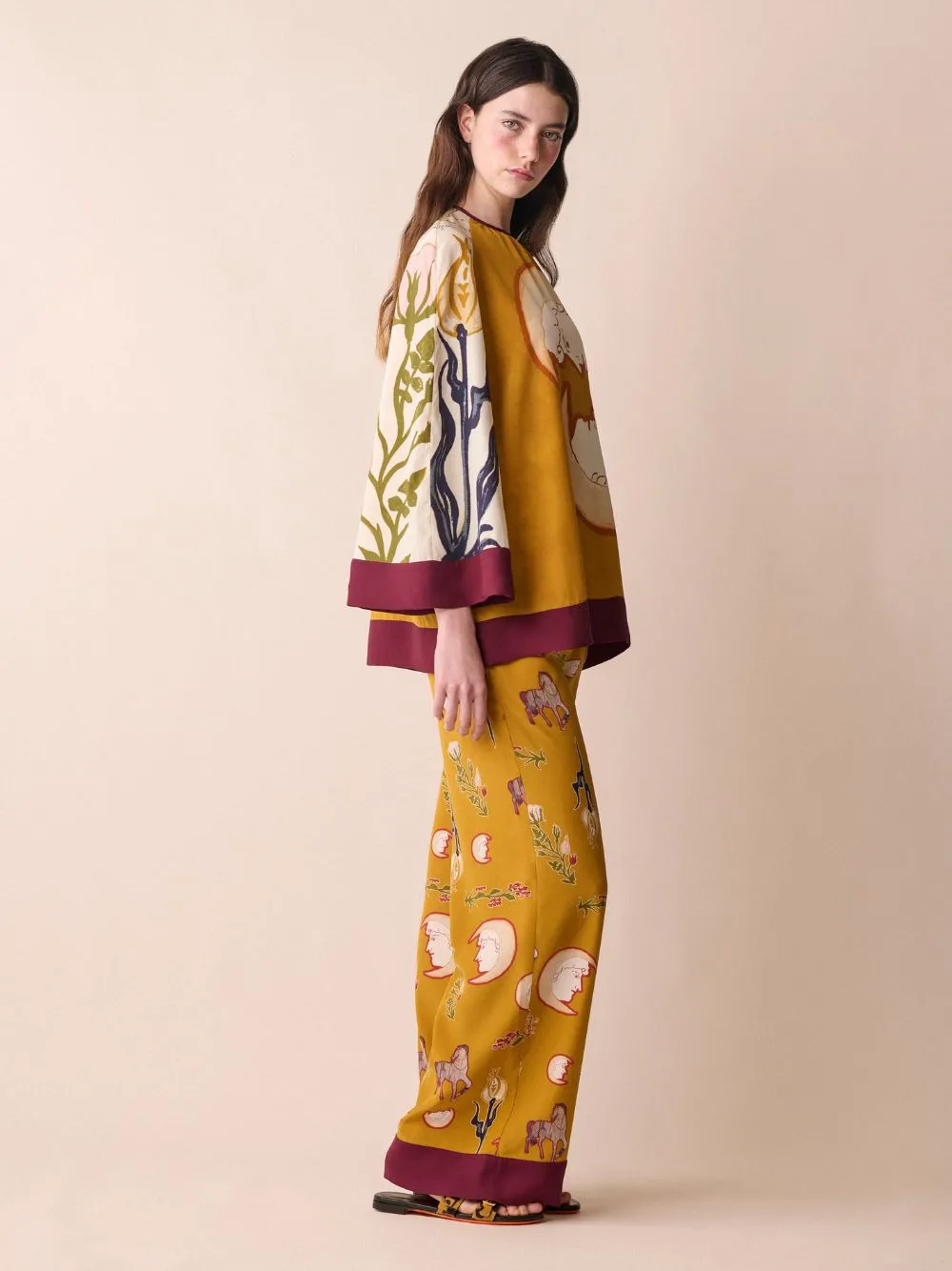 Libra Printed Silk Crepe Top With Bell Sleeves