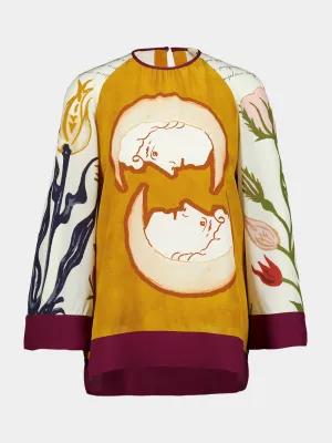 Libra Printed Silk Crepe Top With Bell Sleeves