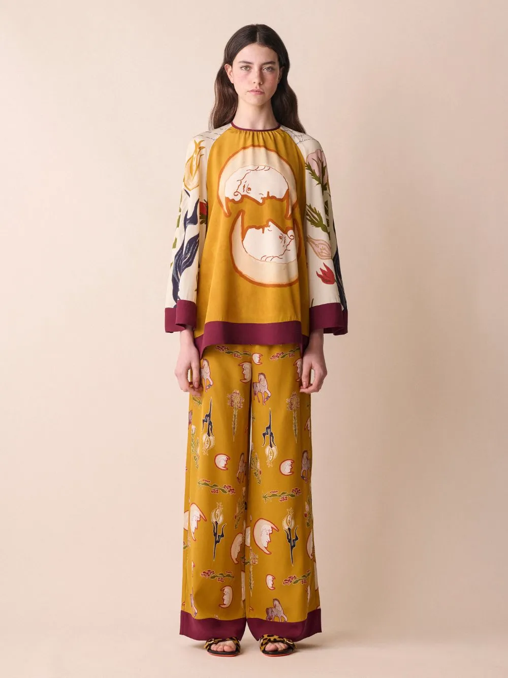 Libra Printed Silk Crepe Top With Bell Sleeves
