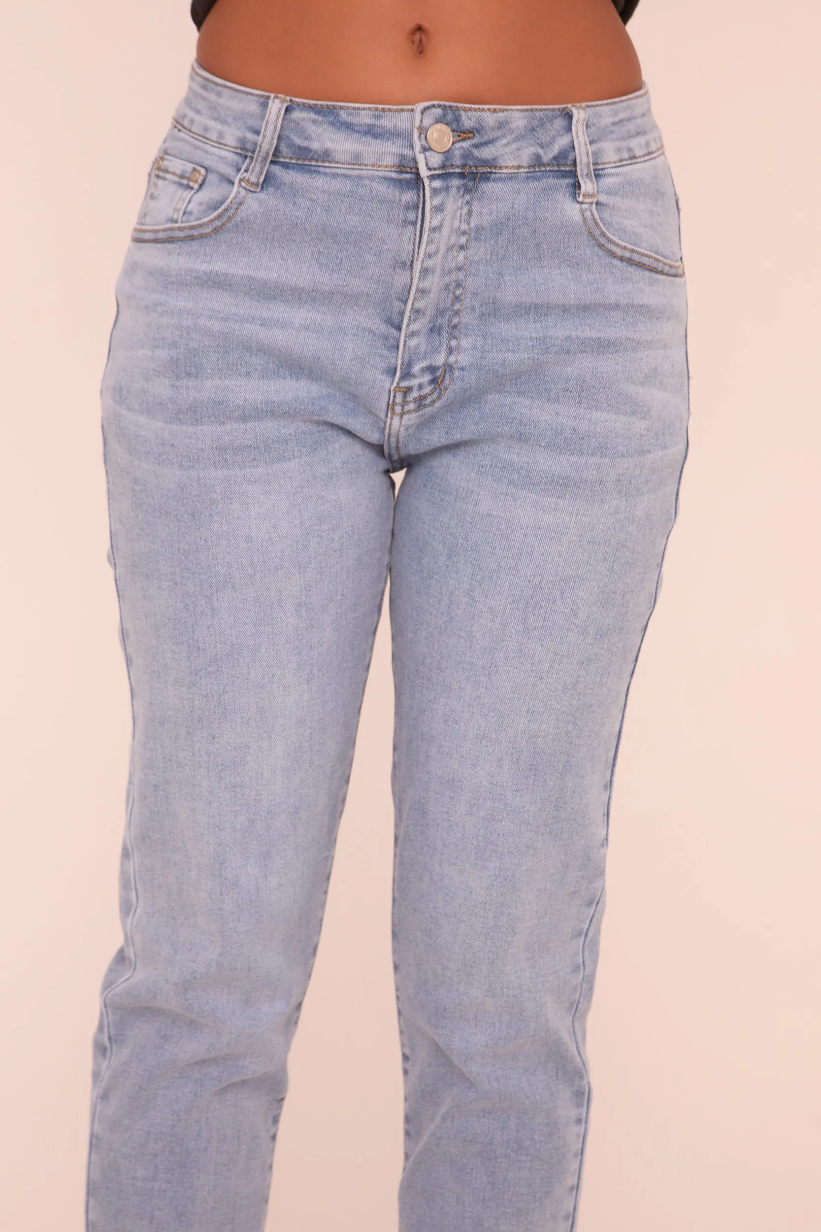 Light Blue Stretch High Waist Turn Up Hem Mom Jeans - Corra