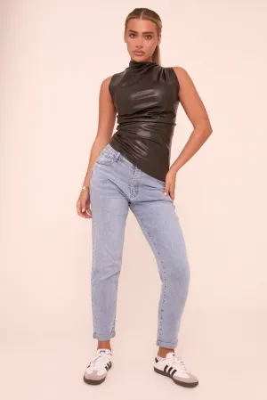 Light Blue Stretch High Waist Turn Up Hem Mom Jeans - Corra