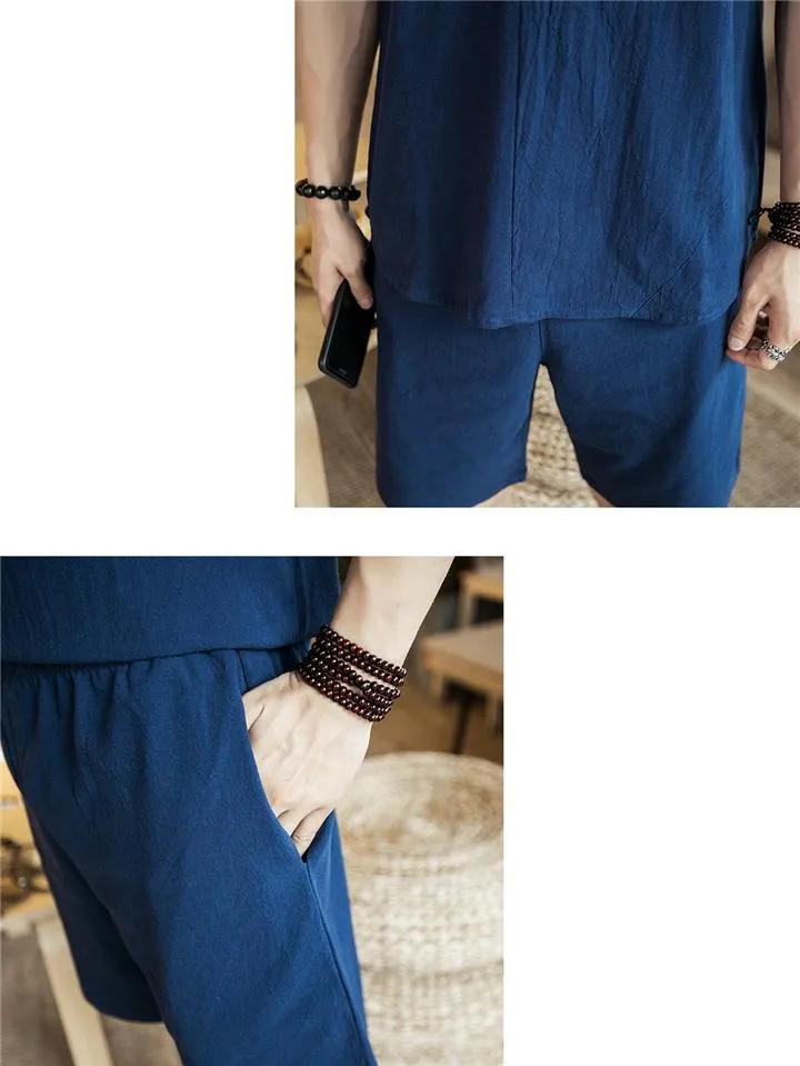 Lightweight Linen Two-Piece Outfit Wrap Neck T-Shirt   Elastic Waistband Knee-Length Pants