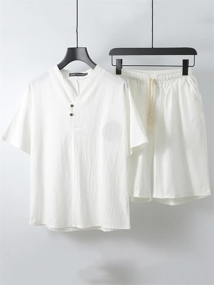 Lightweight Linen Two-Piece Outfit Wrap Neck T-Shirt   Elastic Waistband Knee-Length Pants