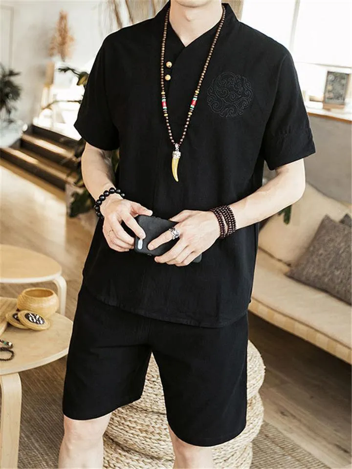 Lightweight Linen Two-Piece Outfit Wrap Neck T-Shirt   Elastic Waistband Knee-Length Pants