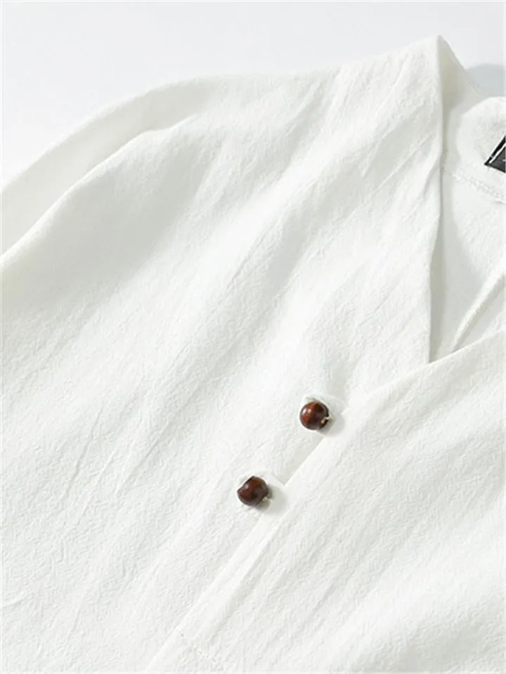 Lightweight Linen Two-Piece Outfit Wrap Neck T-Shirt   Elastic Waistband Knee-Length Pants